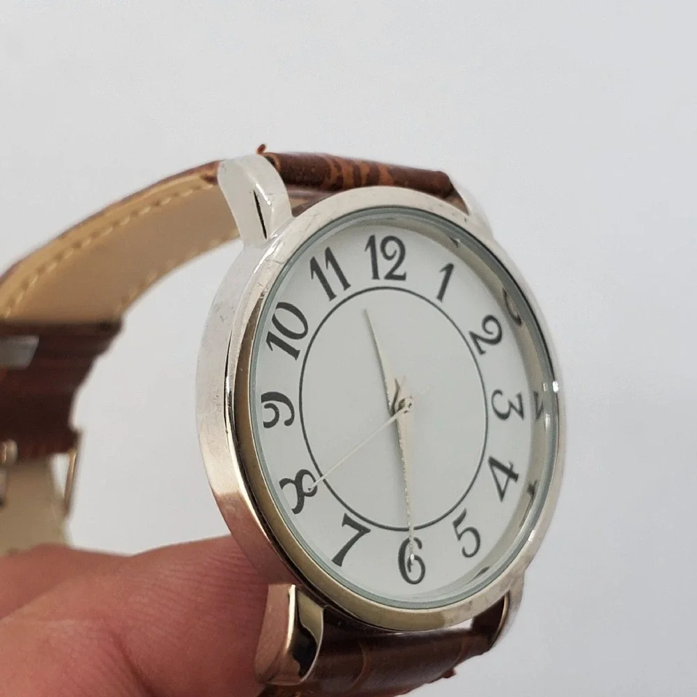 Women's Watch 34MM White Dial Gray Case Brown‎ Leather Bands New Battery